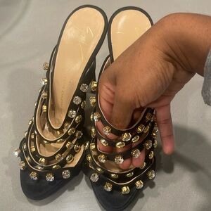 Giuseppe Zanotti Black Satin Jeweled Heels